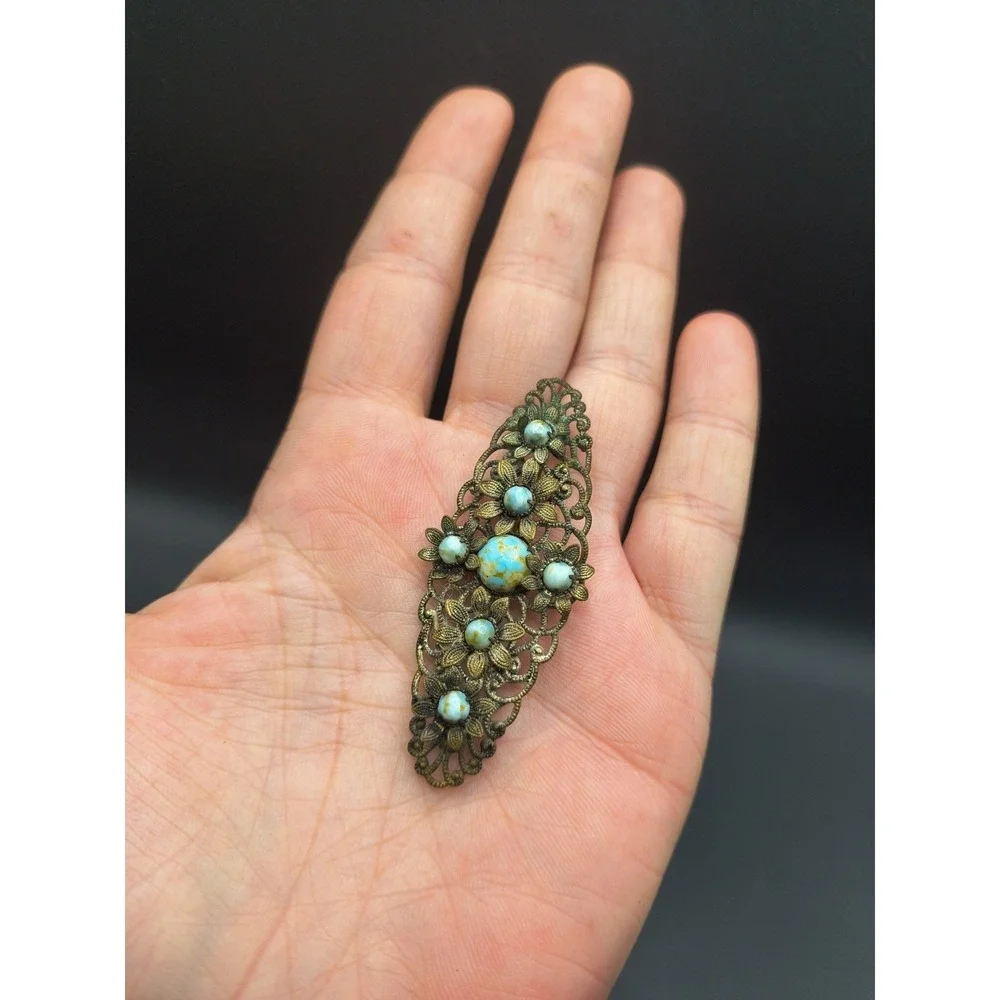 Vintage 1920-30s Czech Brass Filigree Brooch Pin Turquoise Glass Cabochons Art